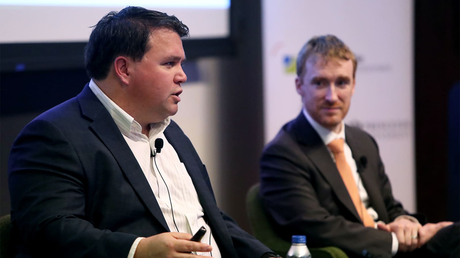 Thomas Darrah, chief technology officer at Koloma and a professor at The Ohio State University, described his work on geologic hydrogen while Michael Mueller listened.