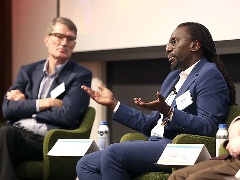 Ahmed Diallo, right, discussed programs to support fusion research in the U.S. as Steve Cowley, left, listened.
